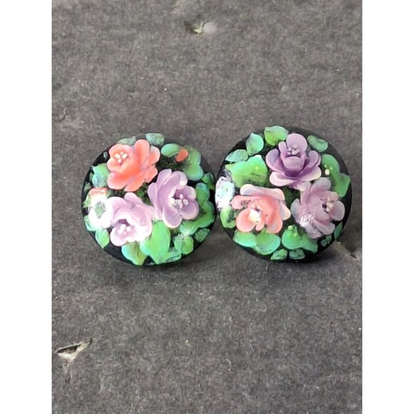 Unbranded Jewelry - Vintage  Earrings Floral 1960's Hand Painted Wood Round Bright Abstract